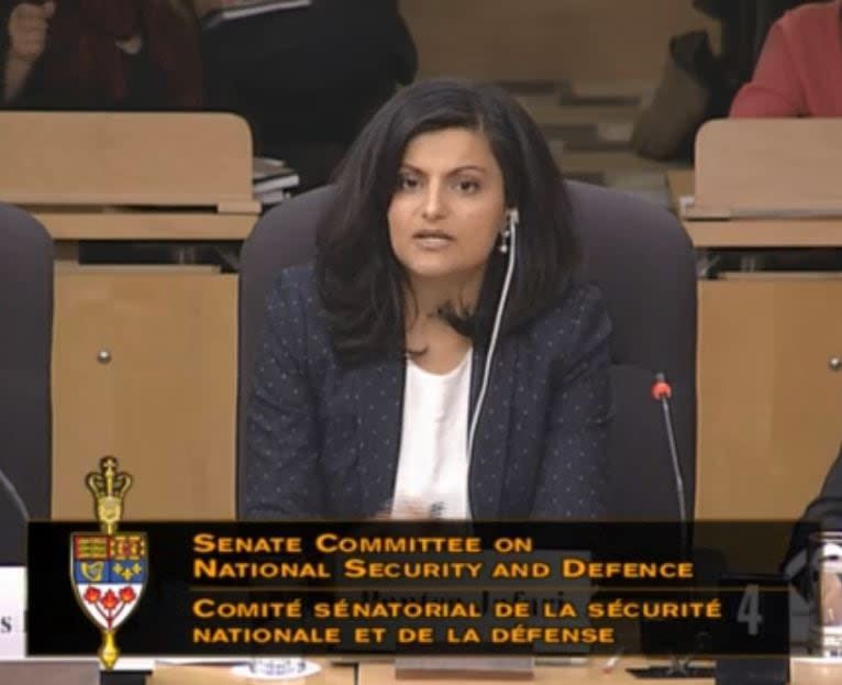 Immigration lawyer Pantea Jaffari during a Senate committee hearing. She said the Canadian government is asking a level of information that is very difficult for a vulnerable population in the middle of a conflict to obtain.