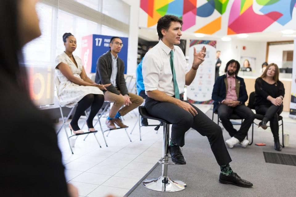 Prime Minister Justin Trudeau speaks to local entrepreneurs at SDG Idea Factory, an incubator built around the United Nation's Sustainable Development Goals, in Kitchener, Ont. on Friday, February 2, 2024.