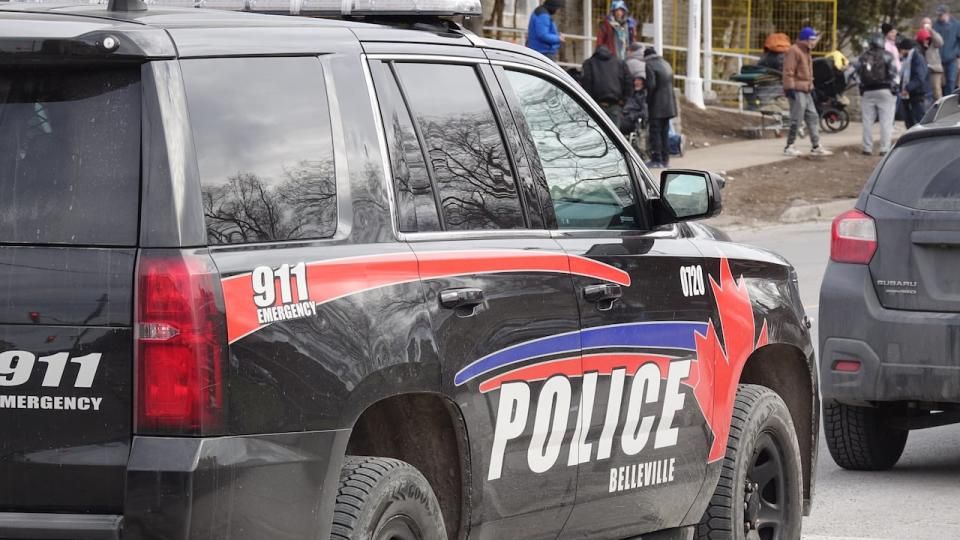 A Belleville Police cruiser parks near the Bridge Street United Church on Feb. 7, 2024, after overdoses surged in the area the day before.