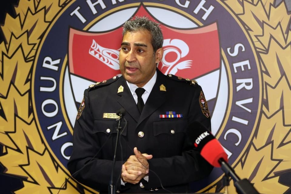 Victoria Police Chief Constable Del Manak talks about the ongoing case of Michael Dunahee, the 4-year-old boy who went missing from a playground at Blanshard Park Elementary School on March 24, 1991 after the family released an age-enhanced sketch of Michael during a press conference at the Victoria Police Headquarters in Victoria, B.C., on Wednesday, March 24, 2021.