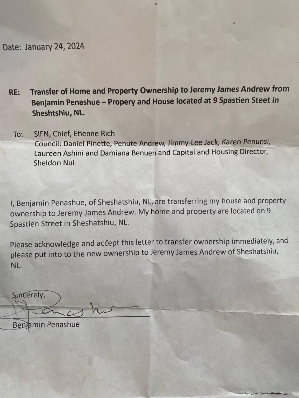 Andrew says Ben Penashue transferred ownership of the home to him in this letter.
