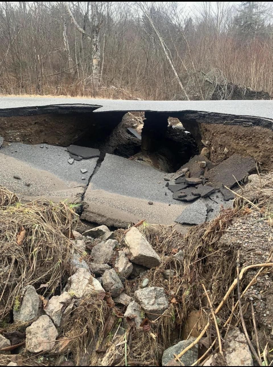Milkish Creek Road in Bayswater, N.B. is closed after a weekend storm washed out parts of the road.