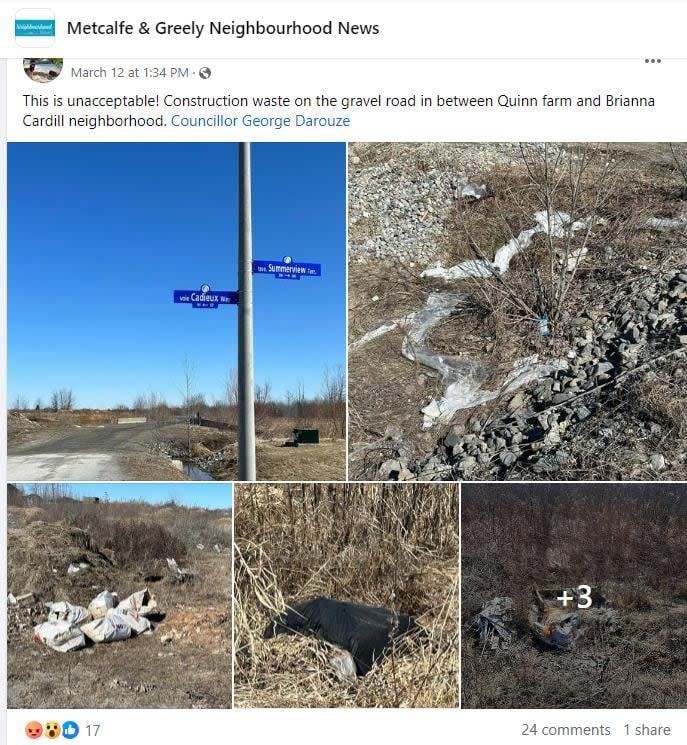A Facebook post on a neighbourhood group recently highlighted the garbage strewn along a gravel road south of Greely.