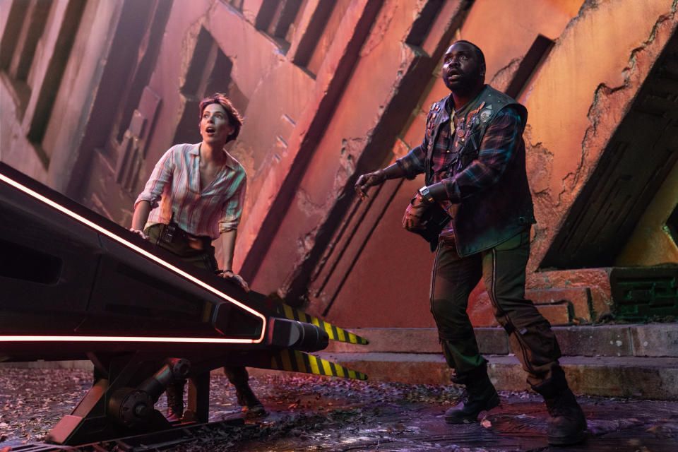 (L-r) REBECCA HALL as Dr. Ilene Andrews and BRIAN TYREE HENRY as Bernie in Warner Bros. Pictures and Legendary Pictures’ action adventure “GODZILLA x KONG: THE NEW EMPIRE,” a Warner Bros. Pictures release (Dan McFadden)