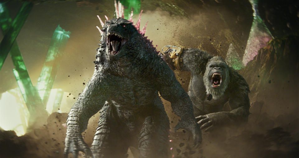 (L to r) GODZILLA and KONG in Warner Bros. Pictures and Legendary Pictures’ action adventure “GODZILLA x KONG: THE NEW EMPIRE,” a Warner Bros. Pictures release (Courtesy of Warner Bros. Pictures)
