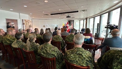 Members of Joint Task Force North gathered in Yellowknife on Monday morning to hear an announcement from federal Northern Affairs Minister Daniel Vandal about military spending in the coming years.  (Travis Burke/CBC  - image credit)