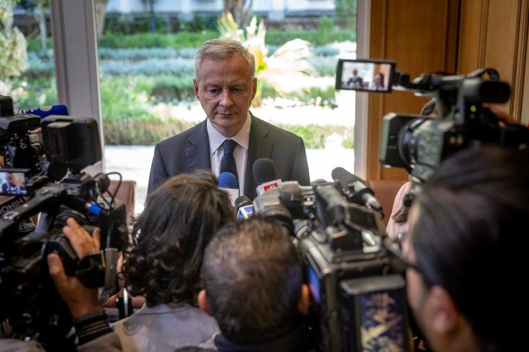 France's Minister of Economy and Finance Bruno Le Maire speaks to members of the media after meeting his Moroccan counterpart in Rabat on April 26, 2024. (Photo by FADEL SENNA / AFP)
