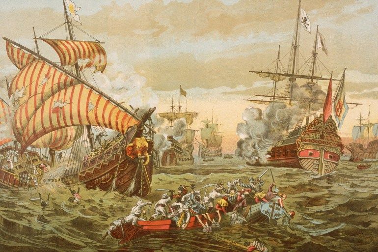 An illustration depicts the destruction caused by Portuguese explorer Vasco da Gama (1469 - 1525) on Mohammedan pilgrims during his 1497 - 1499 journey around the Cape of Good Hope to Asia. (Photo by Kean Collection/Getty Images)