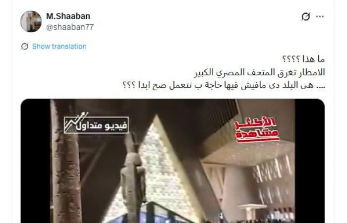 تداول فيديو لـ"تسرب مياه الأمطار في داخل المتحف المصري الكبير".. هذه حقيقته