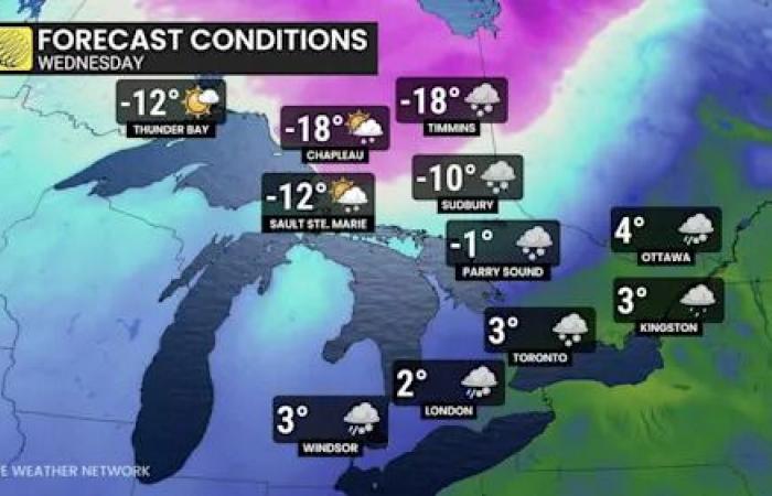 Quick
      snap
      back
      into
      winter
      with
      snow
      and
      major
      temperature
      drop
      in
      Ontario