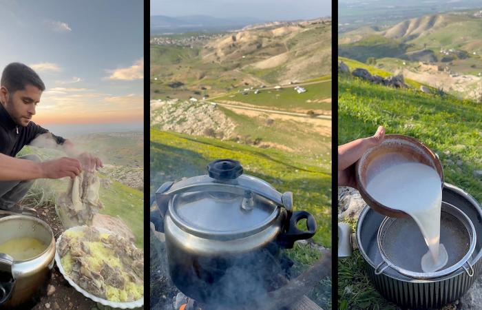 أردني يُحضّر أطباق المنسف وورق العنب باستخدام لوح تقطيع وسكين فقط على مجرى نهر