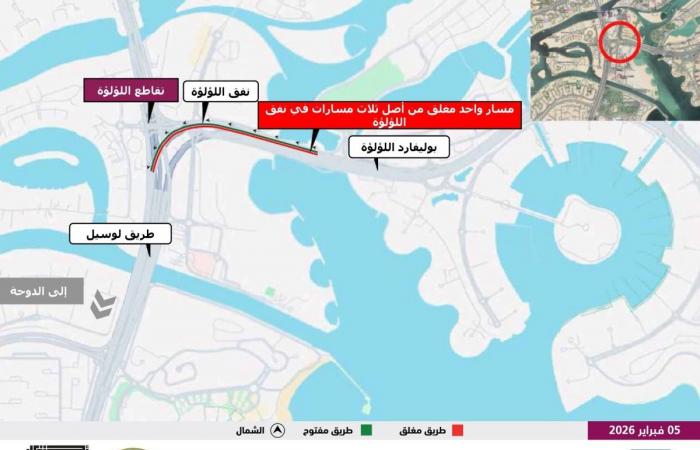 قلِل السرعة عند الاقتراب.. إغلاق مروري في نفق تقاطع اللؤلؤة باتجاه لوسيل