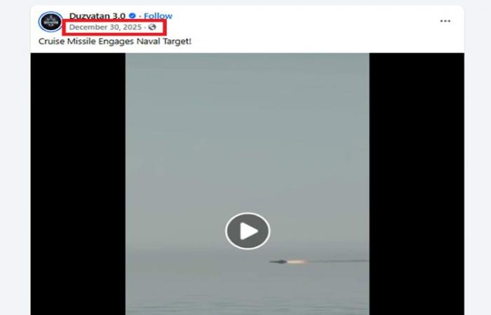ما صحة فيديو "إصابة صاروخ إيراني مُجنّح لبارجة حربية"؟