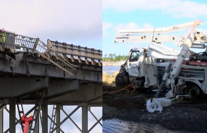 شاهد.. سقوط شاحنة من أعلى جسر إلى المياه بعد حادث تسلسلي