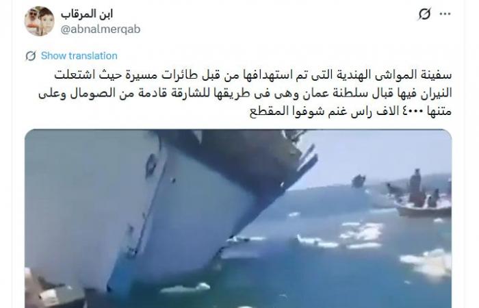 "جنوح سفينة تحمل أغنامًا قبالة سلطنة عُمان بعد هجوم بمُسيرات".. ما حقيقة الفيديو؟